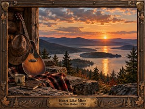 A weathered acoustic guitar, hat, blanket, journal, and enamel mug rest beside a rustic cabin overlooking a vast mountain lake at sunset. Warm amber light glows across reflective water, distant islands, dark pines, and dramatic clouds. An ornate carved wood and bronze musical frame enhances the nostalgic, contemplative painterly scene.