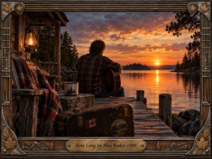 A solitary guitarist sits on a weathered lakeside dock beside a rustic cabin, watching a fiery orange sunset reflected across calm water. Warm lantern light, dark pines, rocky shores, a worn guitar case, and an ornate wood-and-metal frame create a nostalgic, contemplative photographic scene rich with Canadian character.