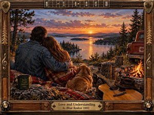 A couple embraces beside a tranquil northern lake at sunset, surrounded by pines, rocky ground, a glowing campfire, loyal dog, acoustic guitar, and weathered pickup truck. Warm amber light and autumn colors create a tender, nostalgic mood, while the carved wooden musical frame reinforces the handcrafted painted style.