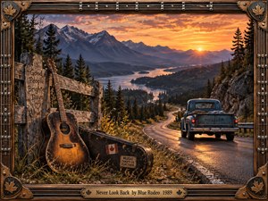 A weathered pickup follows a winding mountain road toward a glowing sunset, surrounded by rugged peaks, evergreen forests, and a reflective lake. An aged acoustic guitar and battered case rest beside a rustic fence, creating a nostalgic, hopeful mood. Warm amber light and richly textured realism suggest departure, memory, and resolve.