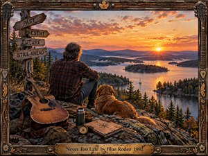 A weathered traveler and golden dog overlook a tranquil island lake beneath a glowing orange sunset, surrounded by rugged pines and distant mountains. A worn acoustic guitar, compass, journal, and directional sign evoke reflection and possibility. Rich photographic realism, rustic textures, warm light, and an ornate wooden frame create nostalgic optimism.