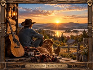 A denim-clad cowboy and golden dog quietly watch a brilliant sunrise spread across a misty mountain lake. Warm amber light illuminates a rustic cabin porch, acoustic guitar, lantern, plaid blanket, wildflowers, and weathered timber. A carved wooden musical frame and brass title plate complete the nostalgic handcrafted scene.