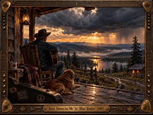 A lone guitarist and resting dog overlook a rain-swept mountain valley from a weathered cabin porch. Golden sunset light breaks through brooding storm clouds, illuminating distant water and forests. Rich wood, bronze, guitar strings, maple accents, and rustic textures frame the cinematic scene with reflective, melancholy warmth.