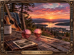 Rose-tinted glasses rest on a weathered wooden table overlooking a glowing river valley at sunset, beside an aged acoustic guitar, enamel mug, journal, and faded photograph. Warm orange, rose, and violet light creates a nostalgic, reflective mood, framed by richly carved wood, brass ornamentation, strings, and maple details.
