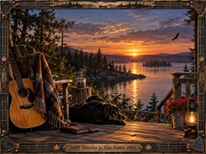 A rustic lakeside deck overlooks glowing water and forested islands beneath a fiery sunset. An acoustic guitar, plaid blanket, resting dog, steaming mug, journal, flowers, and lantern create a warm, reflective mood. Rich amber light and deep woodland shadows give the detailed scene a nostalgic, handcrafted photographic quality.
