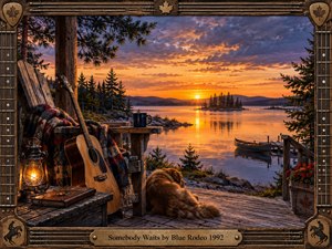 A rustic lakeside porch overlooks glowing sunset water, pine-covered islands, and a quiet canoe beside a wooden dock. Warm amber light surrounds an acoustic guitar, plaid blanket, lantern, books, mug, and resting dog, creating a reflective, nostalgic mood. An ornate wood-and-metal musical frame completes the richly detailed painterly scene.
