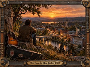A solitary musician overlooks a riverside town glowing beneath a fiery sunset, his acoustic guitar and weathered case resting nearby. Warm amber light, autumn foliage, church spires, brick buildings, and shimmering reflections create a nostalgic, reflective mood. Detailed painterly realism and an ornate guitar-inspired frame reinforce the handcrafted musical atmosphere.
