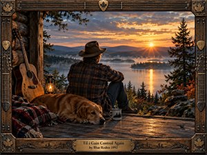 A solitary man and his resting dog overlook a misty wilderness lake from a weathered cabin porch at sunset. Warm amber light reflects across the water beneath dramatic clouds, while a worn guitar, lantern, blanket, and enamel mug create a reflective country atmosphere framed by rustic wood and musical hardware.