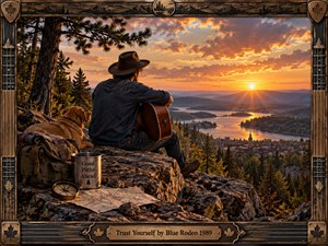 A solitary guitarist and loyal dog overlook a glowing river valley at sunset, surrounded by rugged pines, rocks, a map, compass, and travel gear. Warm amber light creates a reflective, hopeful mood, while the richly detailed photographic style and handcrafted guitar-inspired wooden frame evoke independence, contemplation, and quiet resolve.
