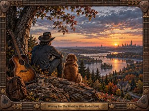 A solitary traveler and golden dog overlook a broad autumn river valley at sunset, surrounded by rugged stone, fiery foliage, and distant city towers. A weathered acoustic guitar and backpack suggest quiet reflection and wandering. Warm amber light, dramatic clouds, rich textures, and a handcrafted musical frame create a nostalgic, contemplative mood.