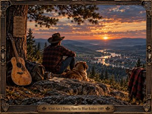 A solitary cowboy rests beside his dog on a rocky overlook, watching a glowing sunset settle across a winding river and distant town. Warm amber light, deep forest shadows, weathered camping gear, an acoustic guitar, and a rustic musical frame create a reflective, homesick atmosphere rendered in richly detailed realism.