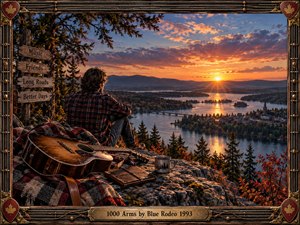 A solitary man rests beside an acoustic guitar on a rocky overlook, watching a brilliant sunset illuminate a lake, islands, bridge, and distant town. Warm amber, crimson, and blue tones create a reflective, nostalgic mood. Rustic signposts, autumn trees, travel objects, and an ornate musical frame enrich the detailed painterly scene.
