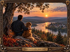 A man and golden retriever sit beside an acoustic guitar on a rocky overlook, watching a glowing sunset illuminate a winding river, bridge, autumn forest, and distant town. Warm orange light and deep blue hills create a reflective, nostalgic mood, enclosed by an ornate wood, brass, and guitar-string frame.