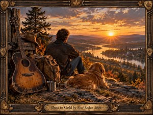 A solitary traveler and golden dog overlook a winding river valley glowing beneath an autumn sunset. A weathered acoustic guitar, hat, pack, and metal cup enrich the reflective scene. Warm amber light, rugged textures, distant hills, and a rustic carved frame create a nostalgic, cinematic atmosphere of journey and remembrance.