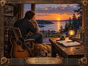 A contemplative man sits inside a rustic lakeside cabin beside an acoustic guitar and resting dog, gazing toward a brilliant orange sunset across calm water. Warm lantern light illuminates a wooden table, journal, books, flowers, and mug. Rich painterly textures and a guitar-string frame create a nostalgic, reflective atmosphere.