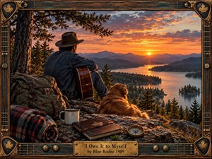 A solitary guitarist and golden dog rest on a rocky lakeside overlook beneath a glowing sunset, surrounded by pines, distant mountains, and reflective water. Warm orange light contrasts with deep blue shadows, while a weathered guitar-themed wooden and brass frame, camping gear, journal, compass, and blanket create a reflective, handcrafted atmosphere.
