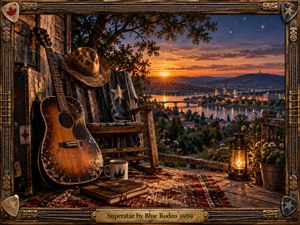 A weathered acoustic guitar rests beside a rustic porch chair overlooking a glowing riverside city at sunset. Warm amber lantern light, deep blue twilight, distant stars, wildflowers, and worn wood create a nostalgic, reflective mood. An ornate guitar-string frame and engraved brass plate complete the richly detailed handcrafted scene.