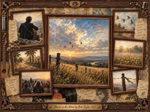 A nostalgic framed collage surrounds a glowing rural sunset, where windswept fields, distant hills, birds, roads, crowds, and a solitary guitarist suggest searching and reflection. Warm gold, sepia, blue, and brown tones blend painterly oil and watercolor textures, while aged notes, records, instruments, barbed wire, and ornate rosewood details deepen the wistful atmosphere.