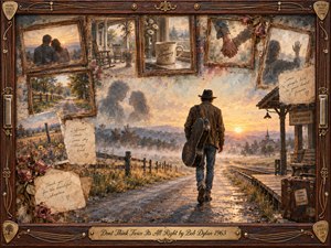 A solitary traveler carrying a worn guitar case walks toward a glowing rural horizon, surrounded by fading framed memories of love and departure. Warm amber sunlight meets muted blues, browns, and rose tones in a nostalgic mixed-media painting. Rosewood, brass, guitar strings, flowers, letters, and keepsakes frame the bittersweet scene.