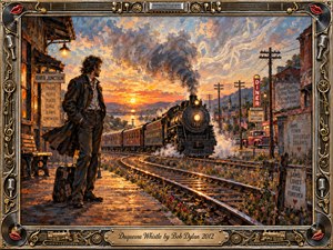 A solitary traveler watches a steam train curve through a small railroad town at sunset, surrounded by glowing rails, telegraph poles, diner signs, and drifting smoke. Warm amber, rust, blue, and gray tones create a nostalgic, restless mood. Textured painterly brushwork and an ornate musical frame emphasize romance, movement, and memory.