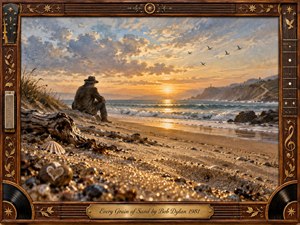 A solitary figure sits contemplatively on a glowing shoreline at sunset, surrounded by sparkling sand, driftwood, shells, rolling waves, and distant cliffs. Warm golds, muted blues, and earthy browns create a reflective, spiritual mood. Painterly textures and soft atmospheric light are enclosed by an ornate rosewood-and-gold musical frame.