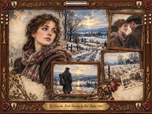 A wistful young woman in a winter scarf gazes across a snow-covered northern countryside, surrounded by framed memories of love, travel, and solitude. Muted blues, browns, creams, and warm gold light create nostalgic melancholy. Painterly oil, acrylic, and watercolor textures blend with dried roses, vintage photographs, musical ornaments, and an ornate rosewood frame.