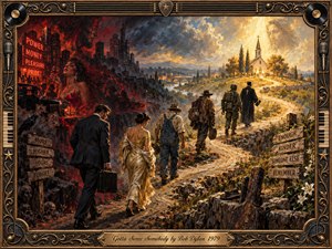 A winding road divides a shadowy red city of power, money, and temptation from a radiant golden church on a peaceful hillside. Travelers from different walks of life move toward the light. Rich oil-paint textures, dramatic clouds, warm amber highlights, deep crimson shadows, and an ornate musical frame create a solemn, spiritual atmosphere.