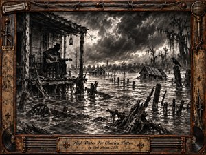 A lone blues guitarist sits on a weathered porch above raging floodwaters, surrounded by drowned cabins, broken fences, skeletal trees, and storm-darkened skies. Deep charcoal textures and smoky monochrome tones create a haunting Southern atmosphere, while pale lightning breaks through the clouds. A rusted musical frame and engraved title plate complete the composition.