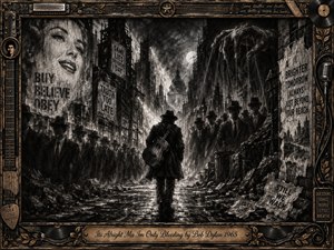 A lone troubadour carrying an acoustic guitar walks through a ruined, rain-darkened city beneath looming puppet hands and shadowed crowds. Deep charcoal textures, smoky blacks, tarnished bronze, and pale moonlight create a bleak, defiant mood. Propaganda posters, crumbling walls, musical relics, and an ornate industrial frame intensify the haunting, rebellious atmosphere.
