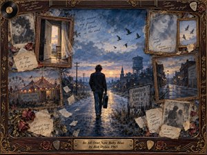 A solitary young man walks down a rain-darkened road toward a fading blue horizon, carrying a guitar case as memories surround him in ornate vintage frames. Wilted roses, drifting papers, empty streets, carnival lights, and ghostly portraits create a bittersweet farewell, rendered in textured blues, sepia, dusty rose, and glowing gold.