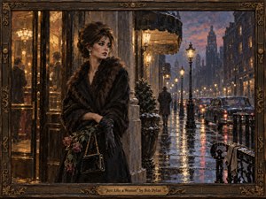 A poised woman in a dark fur coat stands outside a glowing hotel on a rain-slicked city street, clutching faded roses as a lone figure walks away. Amber lamps, blue-gray dusk, vintage cars, and reflective pavement create a wistful, cinematic mood, rendered in richly textured painterly detail within an ornate bronze-and-wood frame.