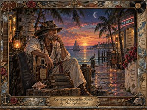 A weathered philosopher-pirate rests beside a glowing Key West harbor at sunset, surrounded by guitars, books, roses, maps, and maritime relics. Warm amber, coral, and deep blue light creates a reflective, dreamlike mood. Rich painterly textures, intricate framing, moonlit palms, sailboats, and weathered details suggest memory, wandering, music, and contemplation.