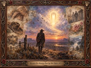 A lone cowboy with a guitar faces a radiant doorway glowing through violet and golden clouds above a vast western landscape. Faded memories of family, roses, a sheriffs star, and distant homesteads surround him in a nostalgic collage. Warm amber light, weathered textures, and painterly brushwork create a solemn, peaceful mood of farewell and transcendence.