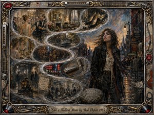 A windswept woman stands on a dusky Greenwich Village street as swirling memory bubbles trace an S-curve through scenes of glamour, nightlife, music, and lost privilege. Moody blues, smoky grays, amber lights, and weathered reds enrich the textured oil-painted style, framed by ornate musical details, vinyl records, harmonicas, and gold inlay.