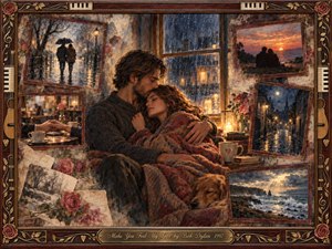 A tender couple embraces beside a rain-streaked window, surrounded by framed memories of walks, sunsets, cafes, moonlit streets, and a stormy coast. Warm amber, rose, burgundy, and dusky blue tones create a nostalgic mood. Painterly oil, acrylic, and watercolor textures glow within an ornate musical rosewood-and-gold frame.