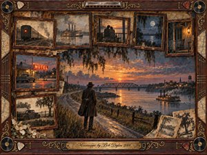 A solitary traveler with a guitar case stands beside the Mississippi at glowing sunset, surrounded by framed memories of trains, riverboats, lovers, motels, and moonlit porches. Warm amber, sepia, rust, and dusky blue tones create a wistful mood, while textured mixed-media brushwork and ornate musical framing deepen the nostalgic Americana atmosphere.