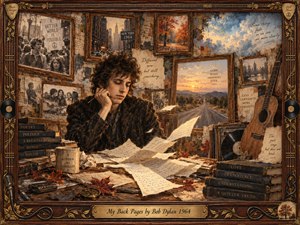 A reflective young songwriter sits amid scattered handwritten pages, framed memories, books, records, and an acoustic guitar. Warm sepia, amber, rust, and muted blue tones glow beneath soft late-afternoon light. The layered oil-and-watercolor collage feels nostalgic and contemplative, with protest scenes, autumn landscapes, and a distant road suggesting change, memory, and maturing perspective.