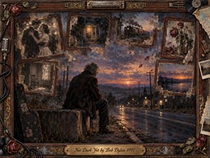 A solitary man sits beside a rain-darkened road at twilight, surrounded by fading framed memories of love, home, travel, and roses. Muted blues, rust browns, and dying orange light create a weary, reflective mood. Textured painterly surfaces, weathered rosewood, musical details, and an engraved title plate deepen the nostalgic atmosphere.