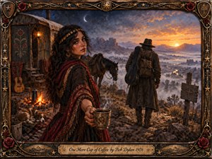 A dark-haired woman offers a steaming cup of coffee beside a weathered caravan as a lone traveler and horse face a misty mountain valley at dawn. Rich burgundy, gold, indigo, and amber tones create a haunting farewell mood, while painterly oil textures, firelight, roses, stars, and an ornate musical frame deepen the romantic atmosphere.