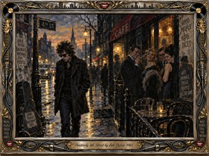 A solitary, dark-clad figure walks through a rain-soaked 1960s city street while elegantly dressed cafe patrons exchange knowing smiles nearby. Moody charcoal-black, bronze, and amber tones glow beneath wet streetlights, creating a bitter, isolated atmosphere. Painterly textures, reflective pavement, vintage signage, guitars, records, microphones, and ornate gold framing complete the scene.