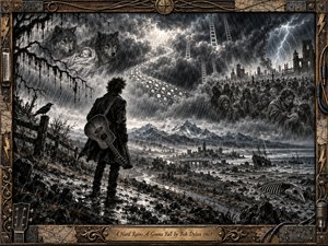 A lone guitarist faces a rain-lashed apocalyptic valley beneath towering storm clouds, ghostly wolves, a sleeping infant, ladders, ruined cities, and suffering crowds. Deep charcoal textures, silver-gray highlights, lightning, and mist create a prophetic, haunting mood. An ornate weathered musical frame and engraved brass title plate complete the dramatic composition.