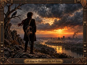 A lone guitarist stands on a rugged cliff beneath turbulent storm clouds, overlooking a winding river, distant bridge, and shadowed city glowing in fiery sunset light. A raven watches from a twisted tree, deepening the ominous mood. Rich bronze, charcoal, and amber tones complement the detailed, weathered guitar-inspired frame.