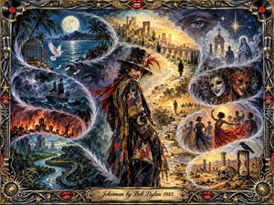 A mysterious patchwork-clad wanderer stands amid a surreal dreamscape of moonlit seas, burning ruins, dancers, masks, ancient roads, and symbolic visions. Feathered forms sweep through the composition in an S-curve. Deep blues, fiery reds, smoky violets, and golden light create a mystical, prophetic mood in richly textured painterly style.
