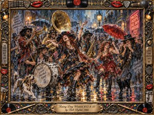 A jubilant rainy-night street parade fills the scene with dancers, brass musicians, drums, umbrellas, and splashing animals. Rich blues, smoky grays, glowing golds, and vivid reds shimmer across wet pavement beneath warm streetlights. Expressive mixed-media brushwork creates playful chaos, framed by ornate musical ornaments, vinyl records, chrome, and gold details.