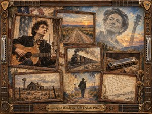 A nostalgic folk collage portrays a young guitarist amid fading memories of open roads, freight trains, dusty farms, handwritten lyrics, and a ghostly elder troubadour. Warm sepia, amber, muted blue, and weathered brown tones glow in soft sunset light, while layered painterly textures and musical frame details evoke reflection, travel, heritage, and remembrance.