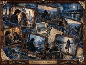 A nostalgic collage of framed memories follows a couple through city streets, quiet cafes, train journeys, and lonely departures. Deep indigo blues mingle with warm amber light, creating a wistful, dreamlike mood. Painterly oil, acrylic, and watercolor textures blend photographs, letters, maps, vinyl, flowers, and flowing blue ribbons within an ornate rosewood frame.