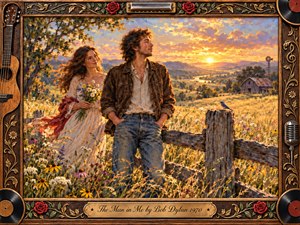 A tender couple stands beside a weathered fence in a wildflower meadow glowing beneath a golden sunset. Rolling hills, a distant barn, windmill, and bluebird create a peaceful rural setting. Rich oil-paint textures, warm amber light, soft greens, crimson roses, and ornate musical framing evoke romance, reflection, and timeless folk nostalgia.