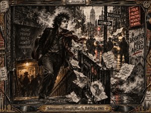 A restless young musician strides through a rain-soaked Greenwich Village street, surrounded by subway stairs, fluttering papers, graffiti, taxis, and smoky brick walls. Deep charcoal textures, muted browns, black, and flashes of red create urgent urban tension. Dim streetlights and reflective pavement heighten the rebellious, cinematic atmosphere within an intricate music-themed frame.
