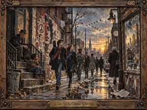 A rain-slicked city street glows beneath a troubled golden sky as figures of different ages stride through a weathered urban neighborhood, suggesting generational change and restless hope. Richly textured in a mixed-media, painterly style, the scene features torn wall posters, cracked glass, drifting leaves, reflective puddles, and a rustic carved frame with brass title plate.