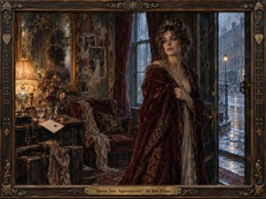 A solitary woman in a worn burgundy velvet robe stands in a faded parlor beside a rain-darkened doorway, surrounded by wilted roses, tarnished mirrors, old photographs, and scattered keepsakes. Warm amber lamplight meets cold blue street reflections, creating a wistful, intimate mood in richly textured, vintage oil-painted detail.